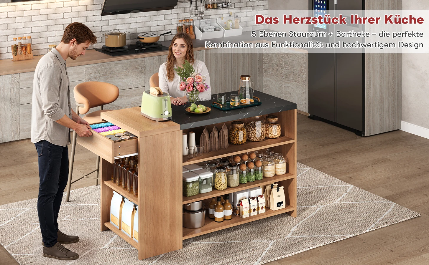 Multifunktionale Kücheninsel Bartheke Esstisch 5-stufige Aufbewahrung mit versteckten Schubladen Verstärkte Marmoroptik-Arbeitsplatte – Detail 1