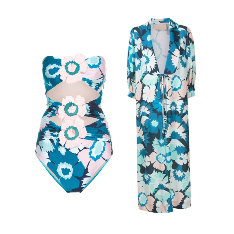

Retro Fashion Strapless Floral Bodysuit 2023 Summer Hollow Three-dimensional Flower Design One-Piece Lady Swimsuit with Smock