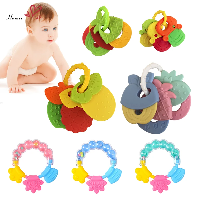 

Baby Fruit Style Soft Rubber Rattle Teether Toy Newborn Chews Food Grade Silicone Teethers Infant Training Bed Toy Kid Chew Toys