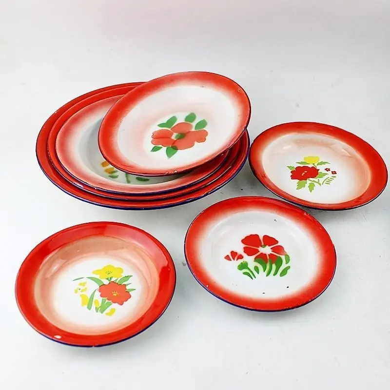 Household Food Dish Of Enamel flower type deep red flower plate cauliflower imitation retro nostalgia
