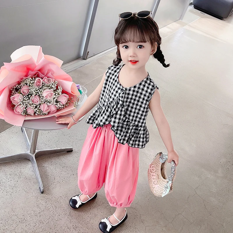 

Summer Baby Girls Clothing Sets Children Plaid Vest Loose Fitting Pants Kids Clothes Infant Outfits Princess Costumes 2-8 Years