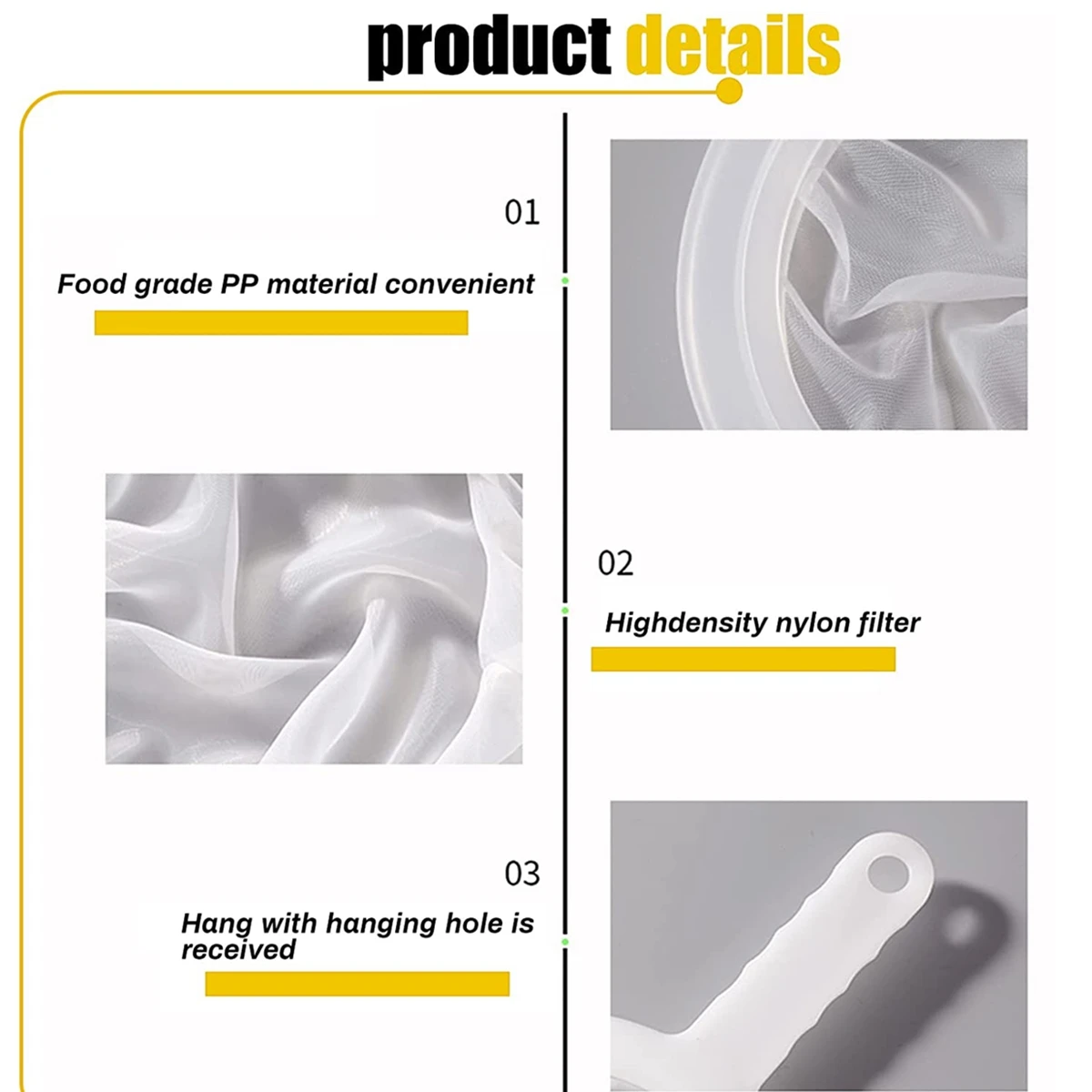 Mini Colino In Nylon Ultra Fini (200 Maglie) | Filtro Per Caffè, Latte, Yogurt, Succhi | Manico Antiscivolo Con Foro Per Appendere - 2