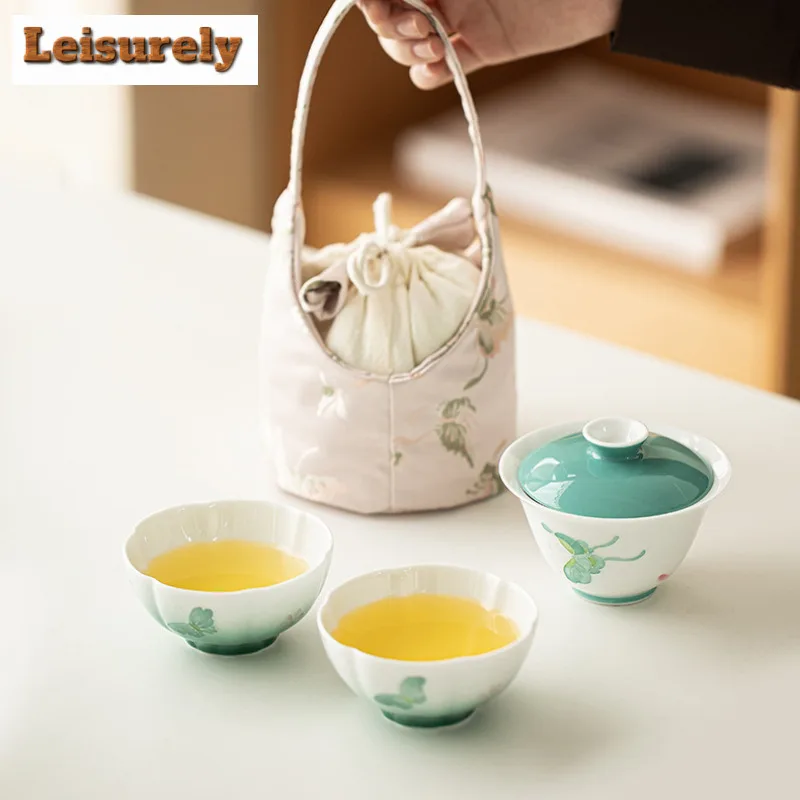 Hand-painted Butterfly Love Flower Travel Tea Set Kit Japanese 1 Pot 2 Cups Tea Maker Organizer Portable Outdoor Handbag Gift