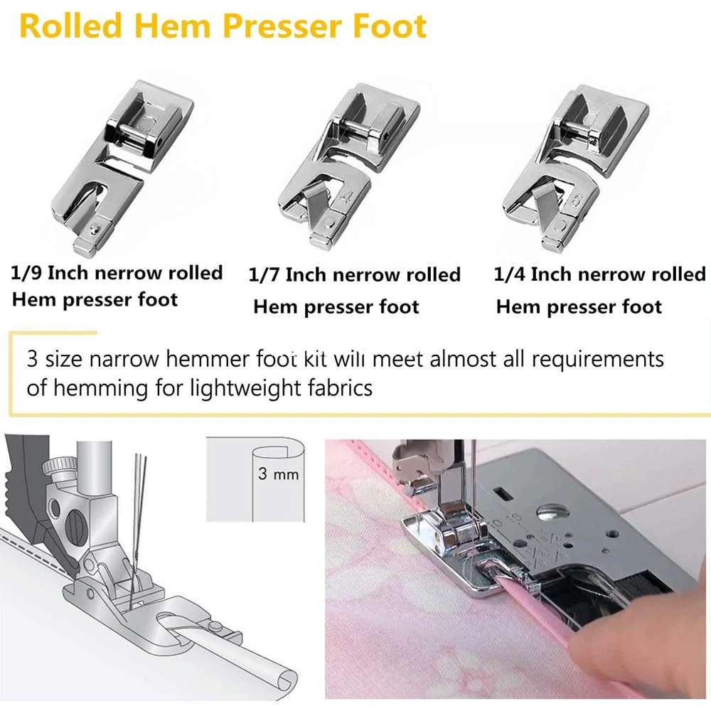 Tlily 6 Pièces Pied D'Ourlet Roulé à Coudre, 5 Mm-10 Mm 6 Tailles Pied De Pression Roulé Machine à Coudre Pied-De-Biche Pied D'Ourlet Facile à Utiliser