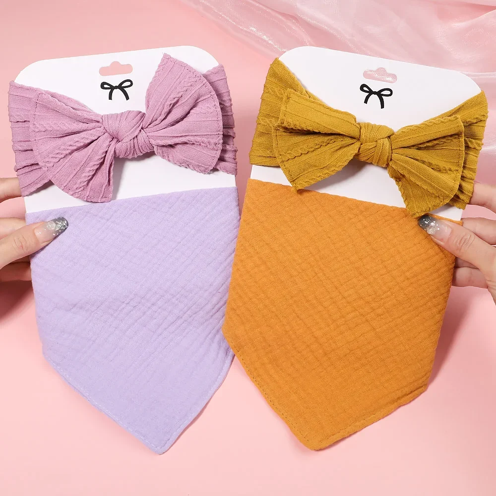 

2Pc/Set Soft Baby Bows Headband Cotton Newborn Bibs Soft Triangle Adjustable Snap Saliva Towel Drool Bib Infant Hair Accessories