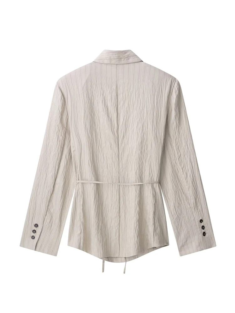 TFMLN New Women Blazer with Belt Lapel Long Sleeve Single Breasted Striped Leisure Jacket Spring Summer Chic OL Blazer Coats