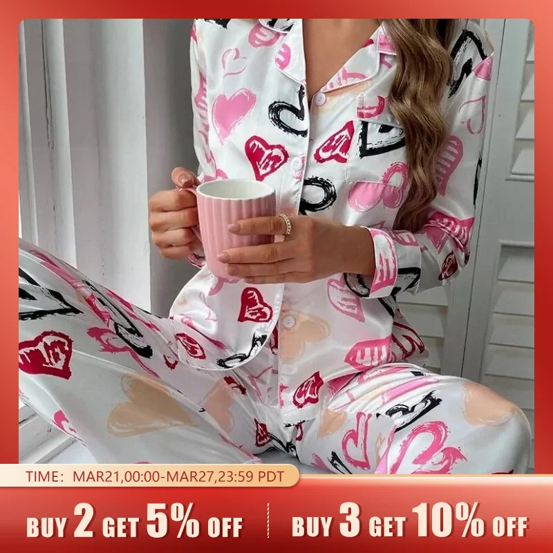 Women Spring Pajamas Heart Print Pajama Set Button Up Long Sleeve Top With Trousers Pijama Sets Women's Sleepwear Loungewear Pjs