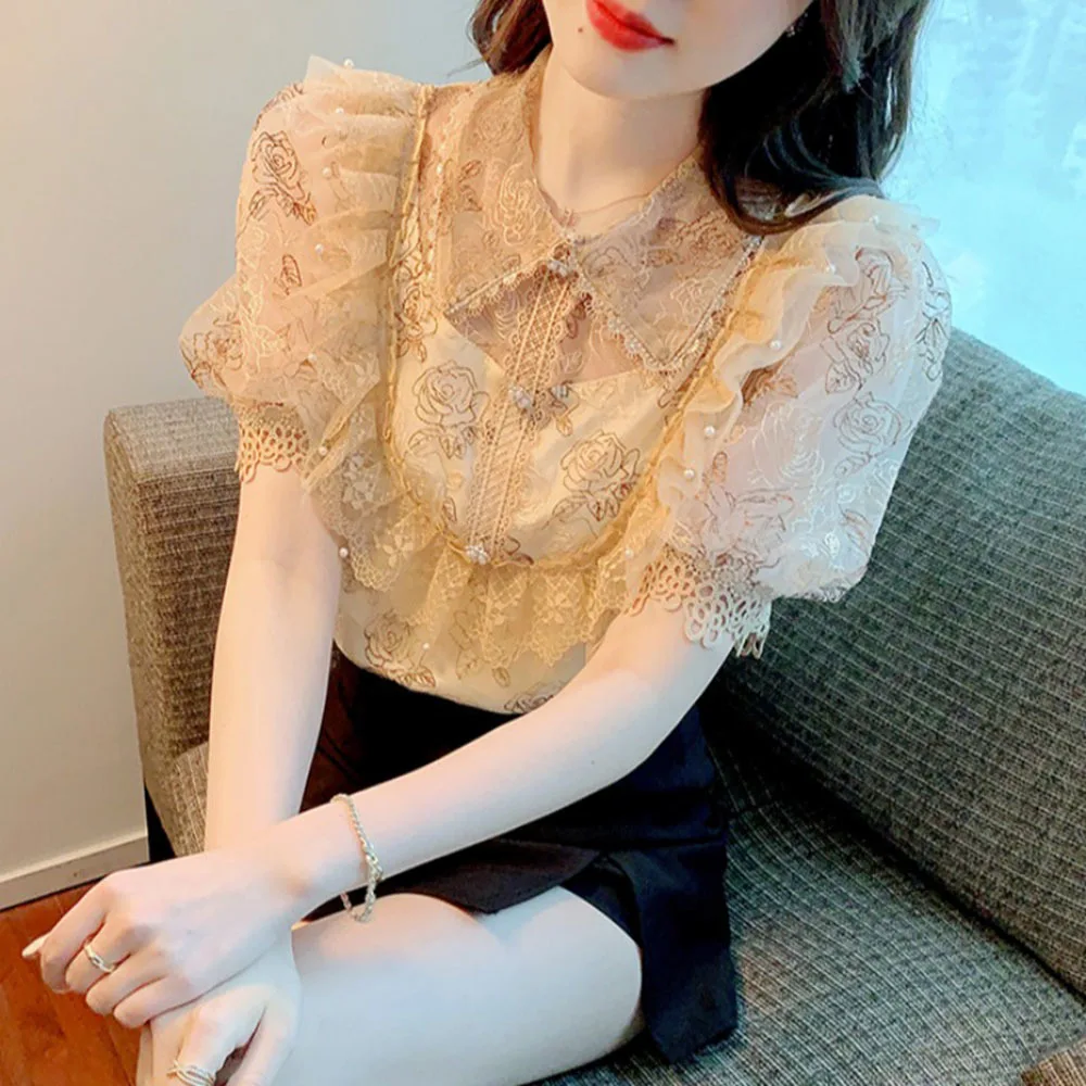 lace puff blouse レディース Summer Elegant Lace Pearl Sweet Chiffon Shirt Womens 2022