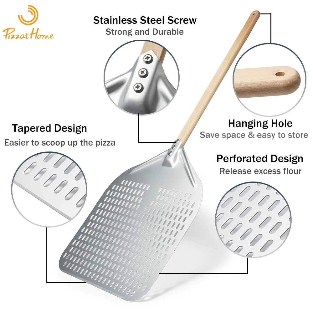 Pizzathome Anodized Pizza Peel Perforated Pizza Turning Peel with Wood Handle Shovel or Anodized Short Spatulas