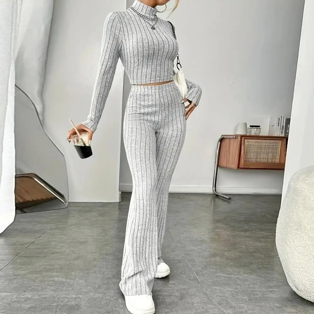 Women Knitted 2 Piece Suits Knitting Outfit Turtleneck Long Sleeve Cropped Tops High Waist Flared Pants Slim Fit Ribbed Outfit