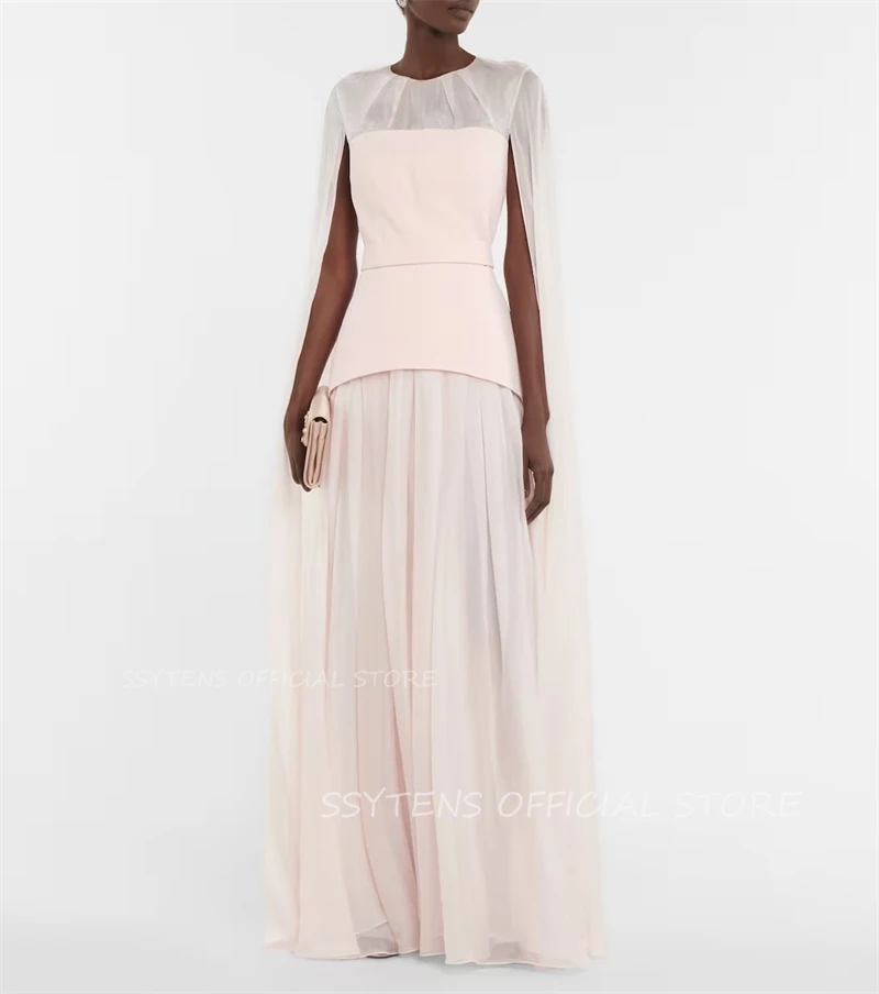 Light Pink Evening Dresses Women Chiffon Cape Sleeves Prom Gowns Homecoming Party Dress Long