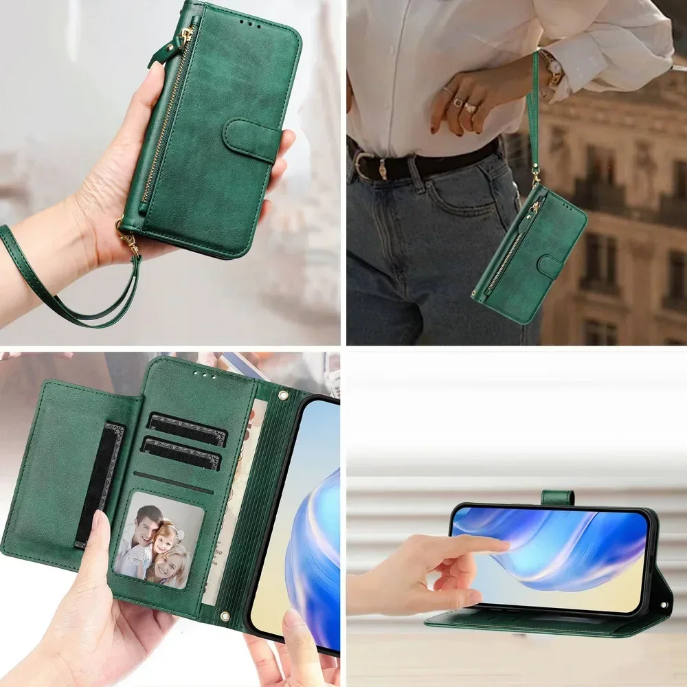 Enhanced Faux Leather Crossbody Zipper Wallet Case with Flip Book Cover