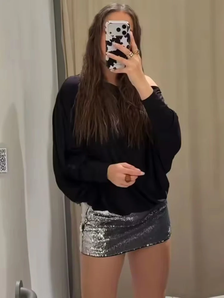 Women Fashion Sequin Splice Elegant Short Dress Spring New Long Sleeve Slash Neck Mini Dress Female Club Party Dresses