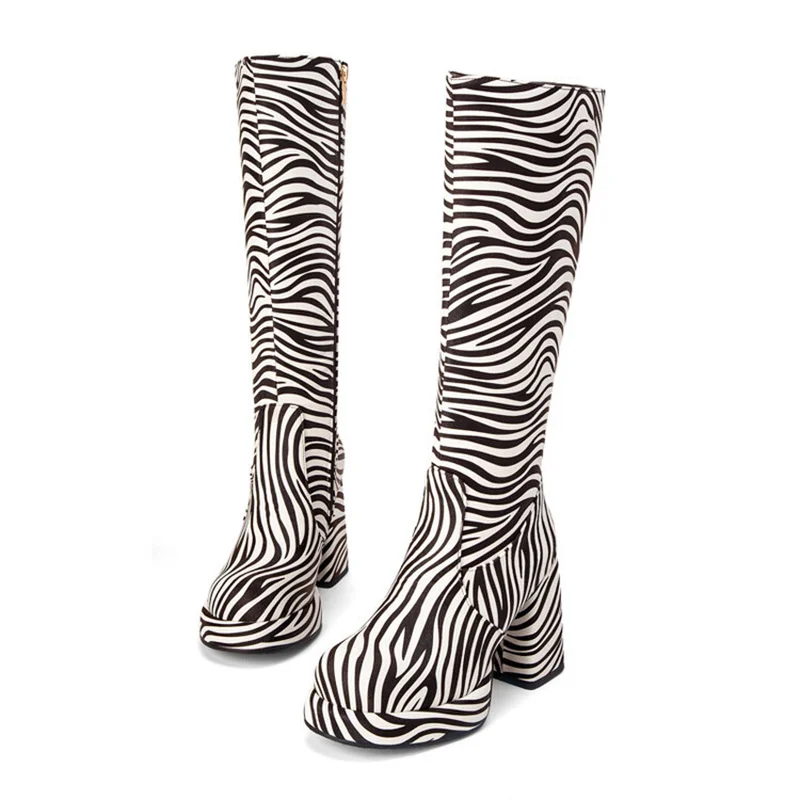 

Europe and America Women Leopard Knee High Boots Woman Round Toe Thick Heel Platform Botas Mujer 2023 Zebra-Stripe Show Shoes