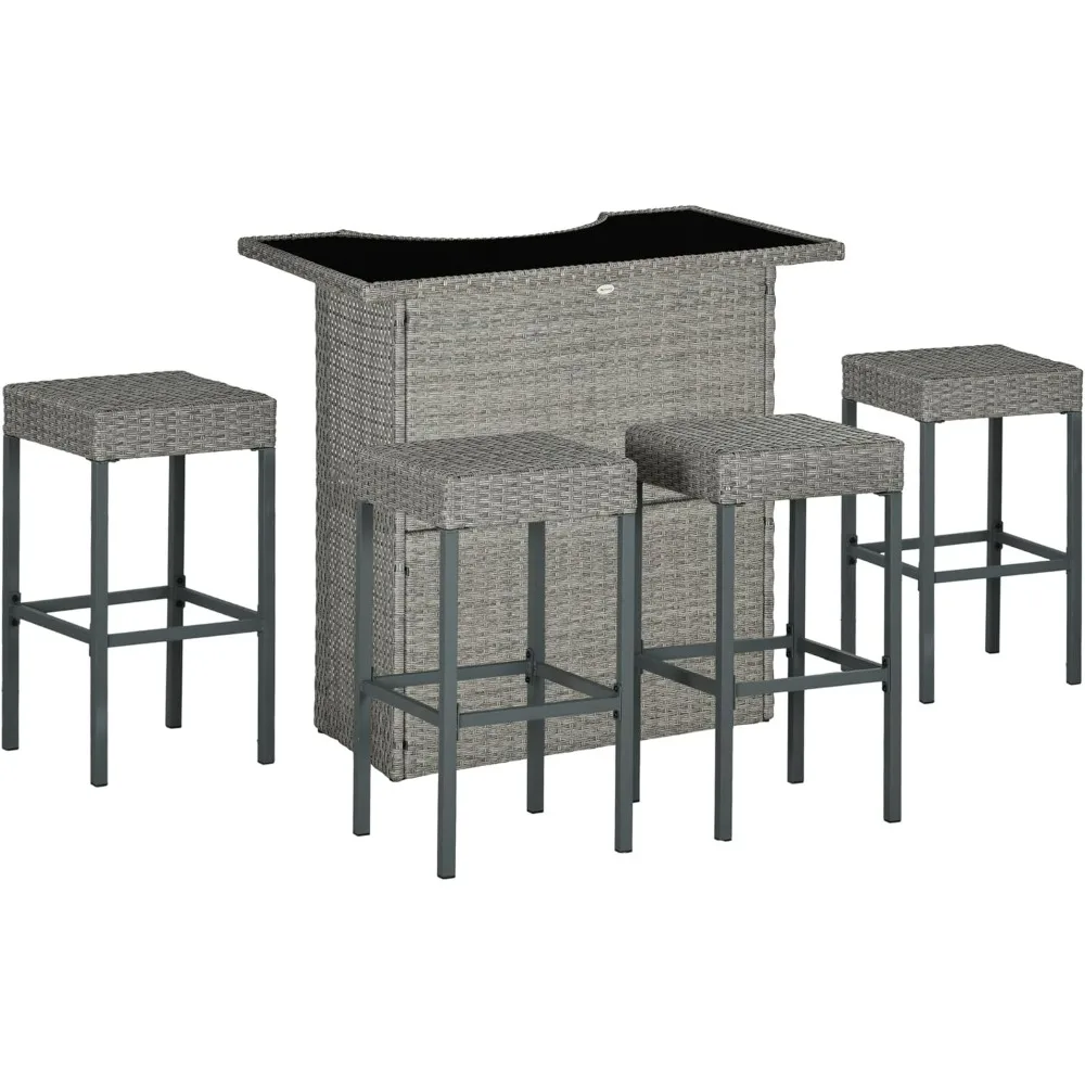 

Bar Stools Set(4+1 ),Rattan Wicker Bar Chair,set of Table and Chairs, Patio Set with Glass Table,2 Tier Storage Shelf, BarChair