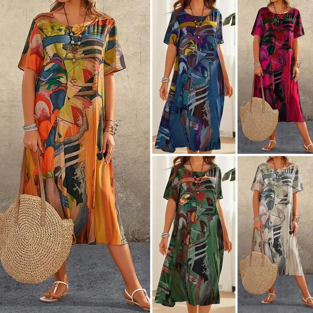 

Women Printed Long Dress Stylish Irregular Print Midi Dress A-line Loose Fit Mid-calf Length for Wear by Seller Printed Dress