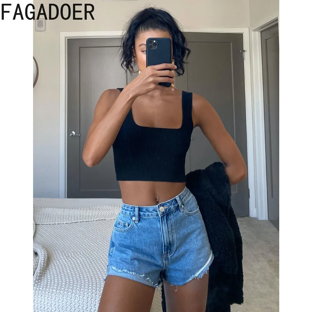 FAGADOER Blue Vintage Fashion 90s Blue Denim Shorts Women High Waisted Button Shorts Jean Casual Solid Matching Cowboy Bottoms