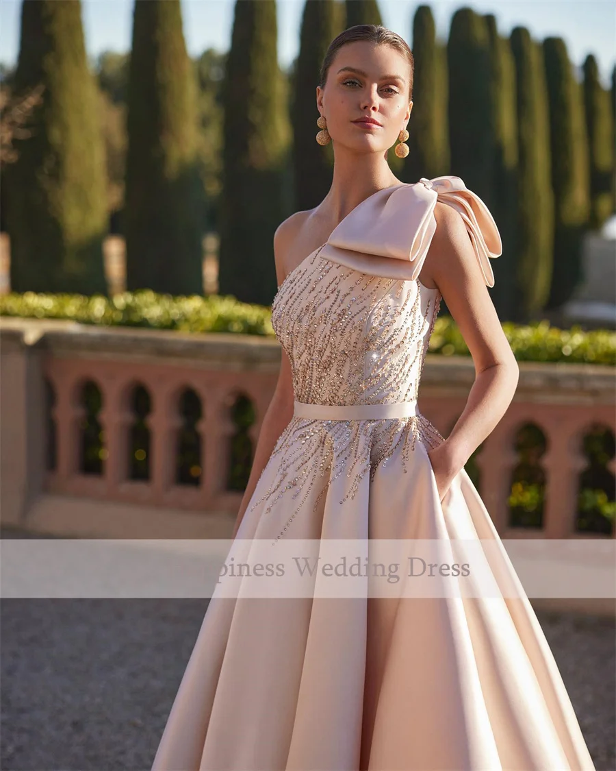 Customized One_Shoulder Sleeveless Top Beading Wedding Dress A-Line Backless Zipper Floor Length Evening Gowns