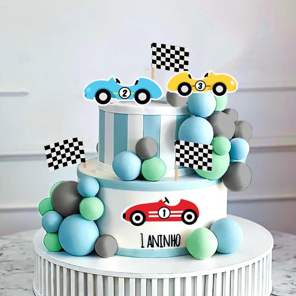 Topper per torta di compleanno a tema auto da corsa in legno