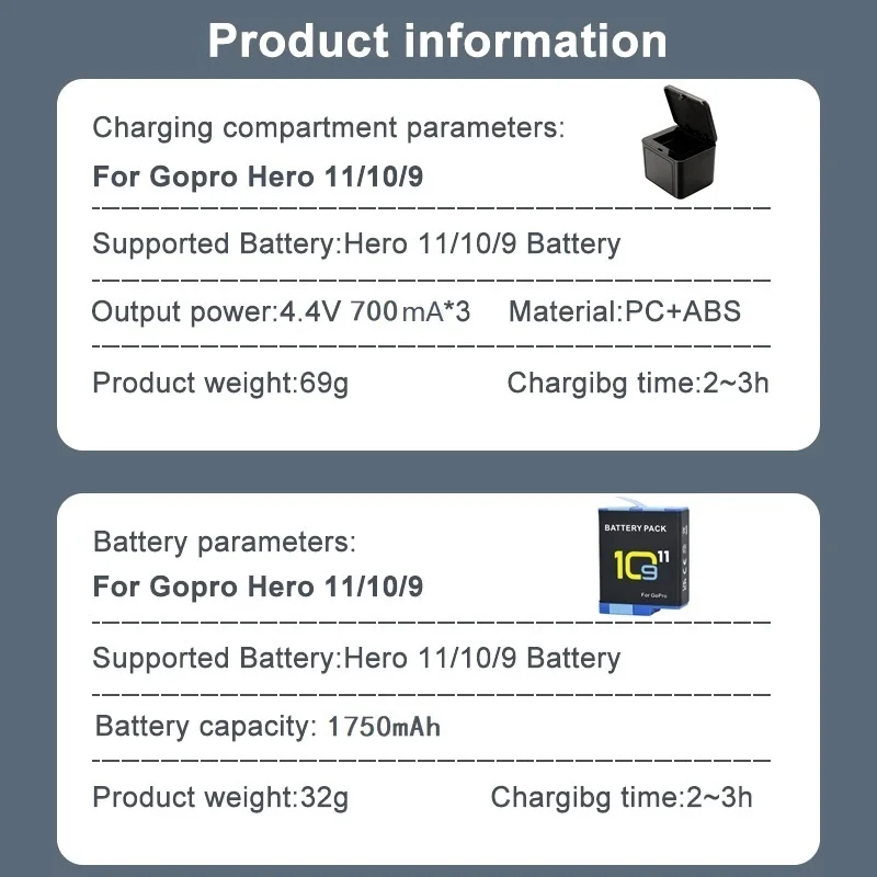 Bateria Recarregável com Estojo para Gopro Acessórios de Câmera 1750mah Apto para Hero 11 Hero Hero 10 - Image 2