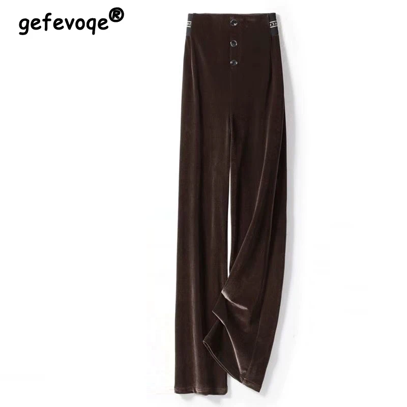 Spring Autumn High Waist Loose Casual Wide Leg Pants Women Solicit Color Chic Buttons All-match Velvet Trousers Female Clothes south korean chic spring jeans for women high waist slimming two buttons double pocket design sense slightly flared trousers