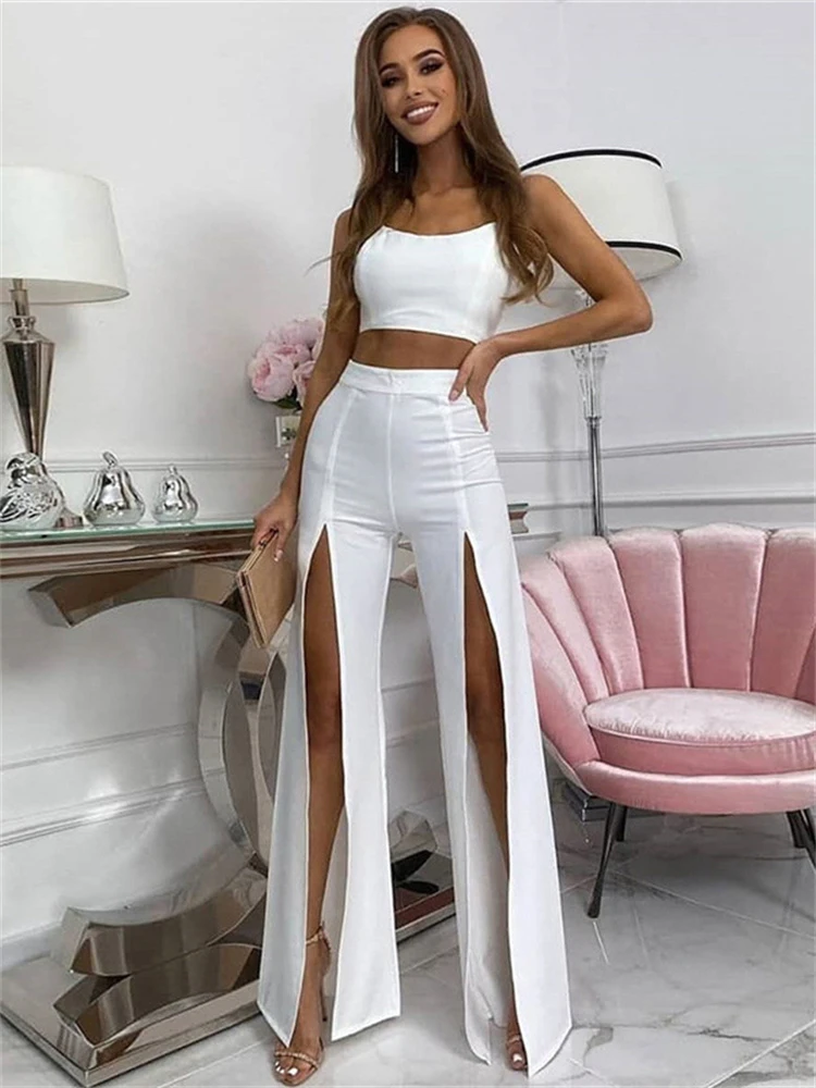 white capris Side with Me Loose Split Sexy Women's Pants 2022 Summer Vintage Club Party Black White Woman Wide Trouser cargo pants for women