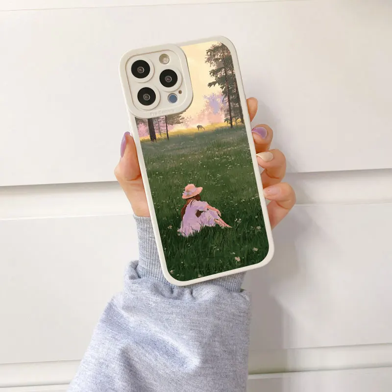 Charming Cartoon Green Lawn Soft Phone Case – Vintage Cute Suburban Relaxation Design