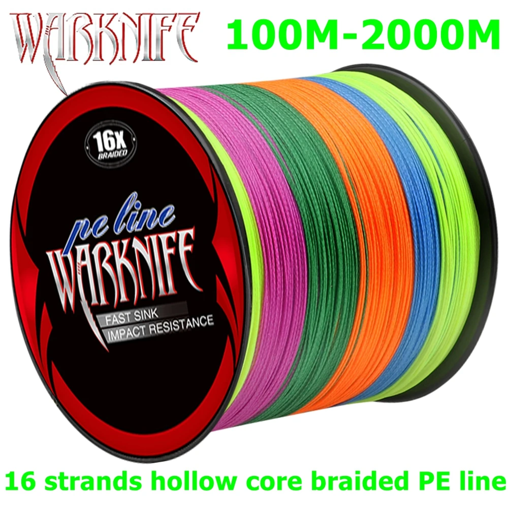 Warknife 16 Strands 100M - 2000M Hollow Core PE Braid Extreme Japan Braided PE Line 20LBs-500LBs Fishing Assist Line Multicolor