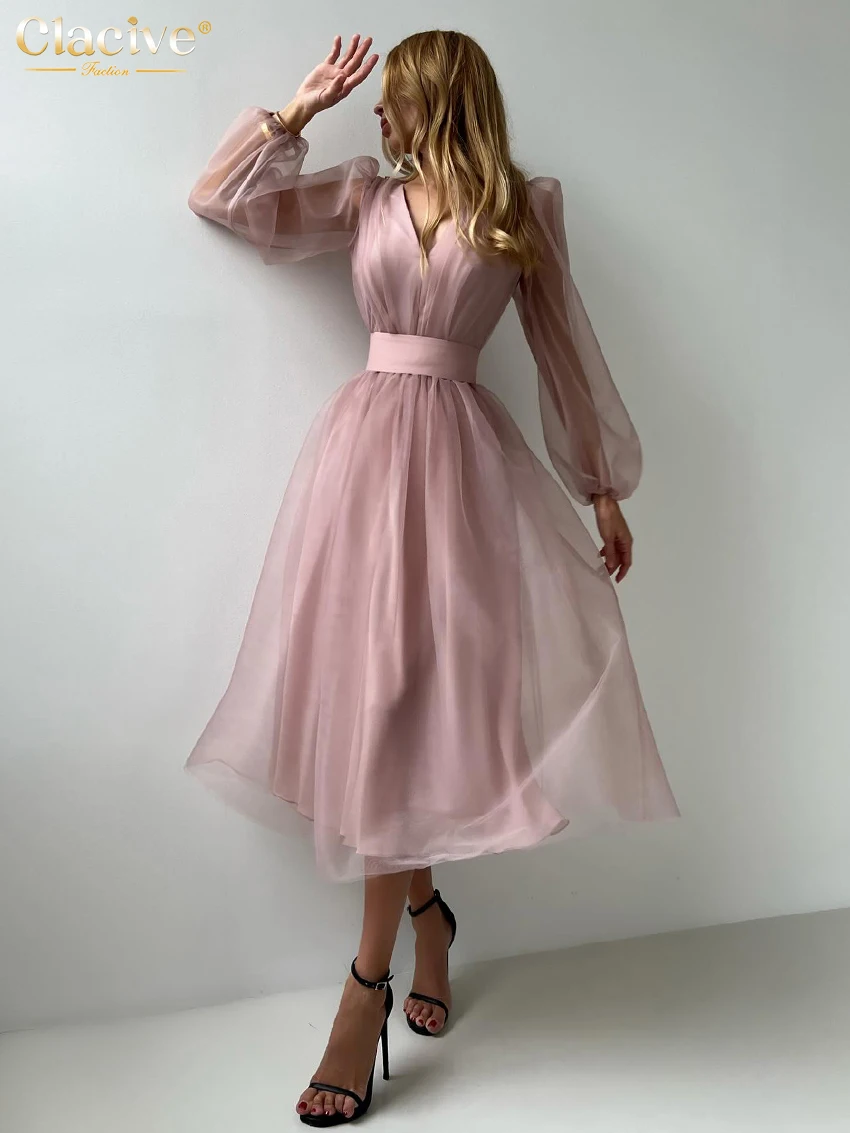 

Clacive Fashion Loose Pink Women's Dress 2024 Elegant V-Neck Puff Sleeve Ankle Length Dresses Elegant High Waist Female Dress