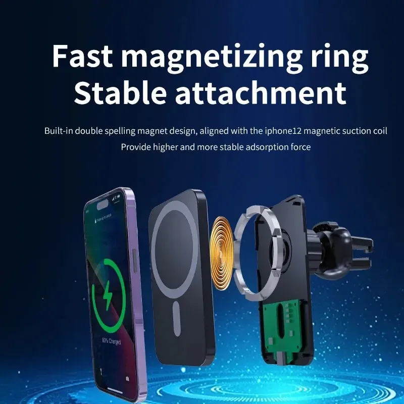 Supporto per telefono da auto con caricabatterie wireless per iPhone 18 17 16 15 14 Plus 13 12 Pro Max 17 Air 16E 17E, montaggio magnetico per bocchetta dell'aria con ricarica rapida - immagine 3