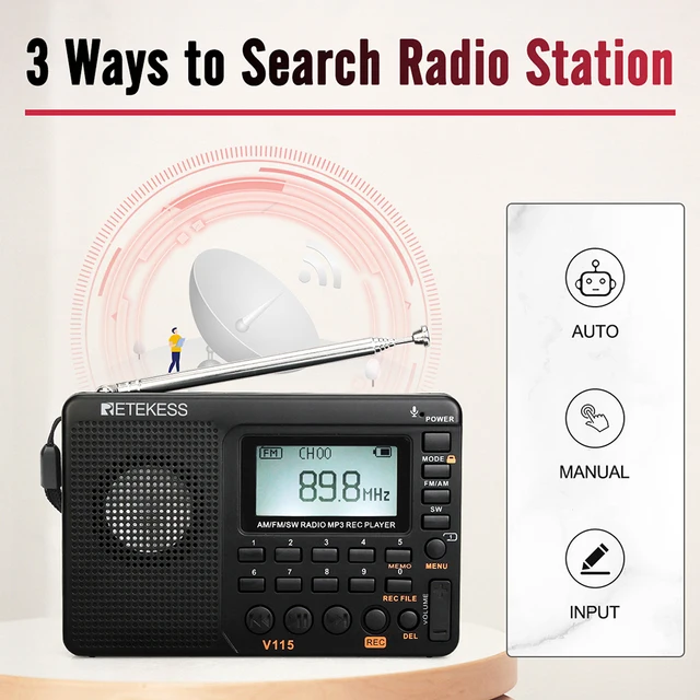 Radio Portatile Retekess V115 - FM/AM/SW, Ricaricabile, Con USB, AUX, TF E Registrazione
