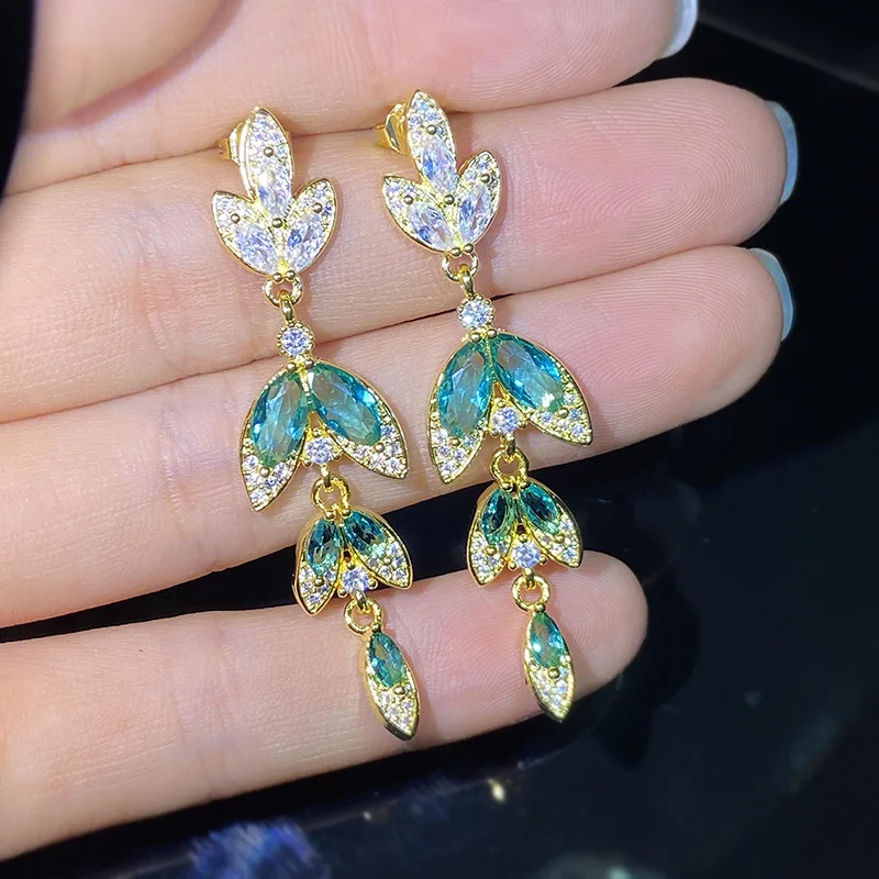 

Green Emerald Gemstone Leaf Long Tassel Stud Earrings Females Aros Mujer Oreja Silver 925 Jewelry Orecchini Emerald Drop Earring