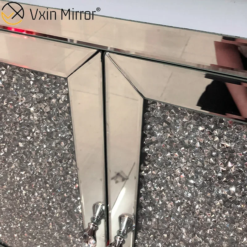 Silver Modern Diamond Wall Cabinet Emitting Diode Glass Decor with Multiple Drawers