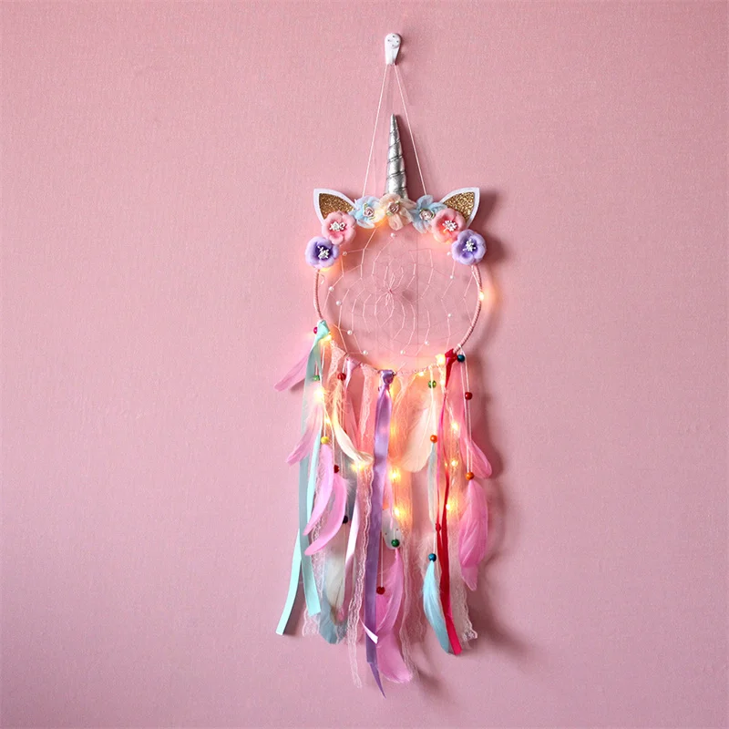 Pink LED Light Unicorn Dream Catcher Ornament For Girls Boho Room Decor Bedroom Unicorn Macrame Dreamcatcher Hanging Pendant 4
