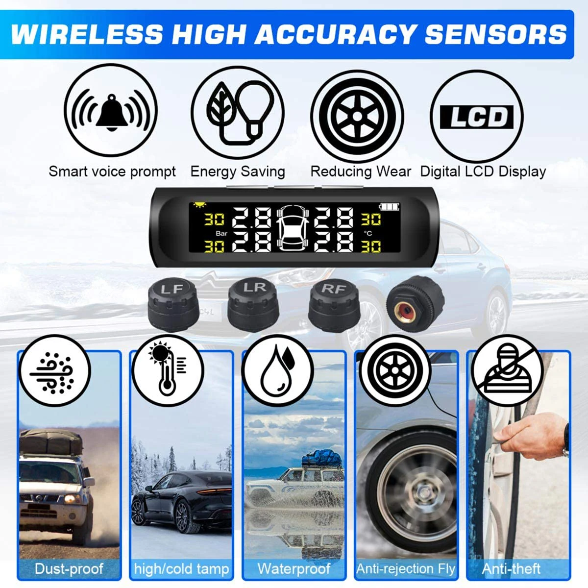 Wireless Solar TPMS with 4 Sensors for Auto Safety
