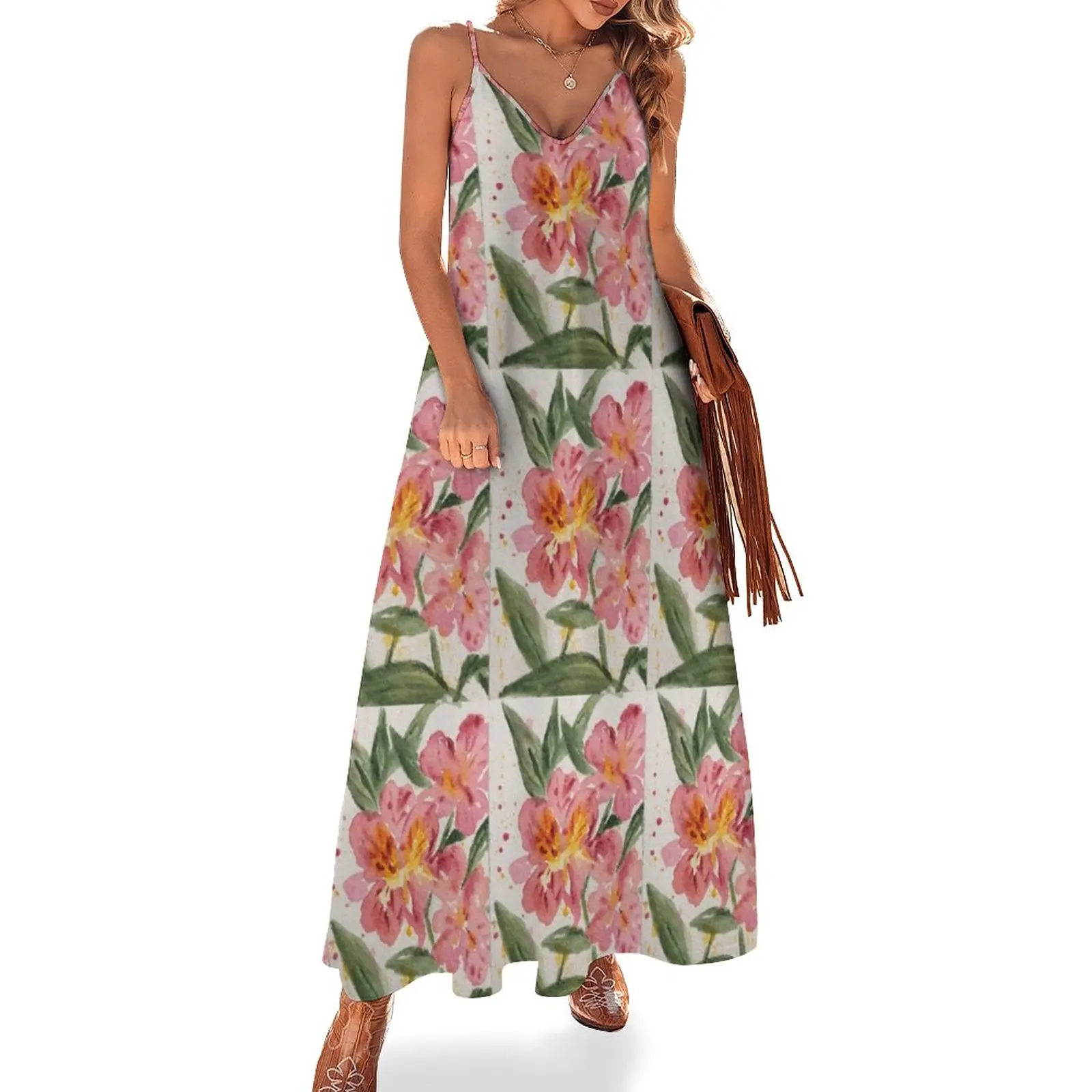 

Spring Floral Peruvian Lily Sleeveless Dress women long dresses Elegant gown