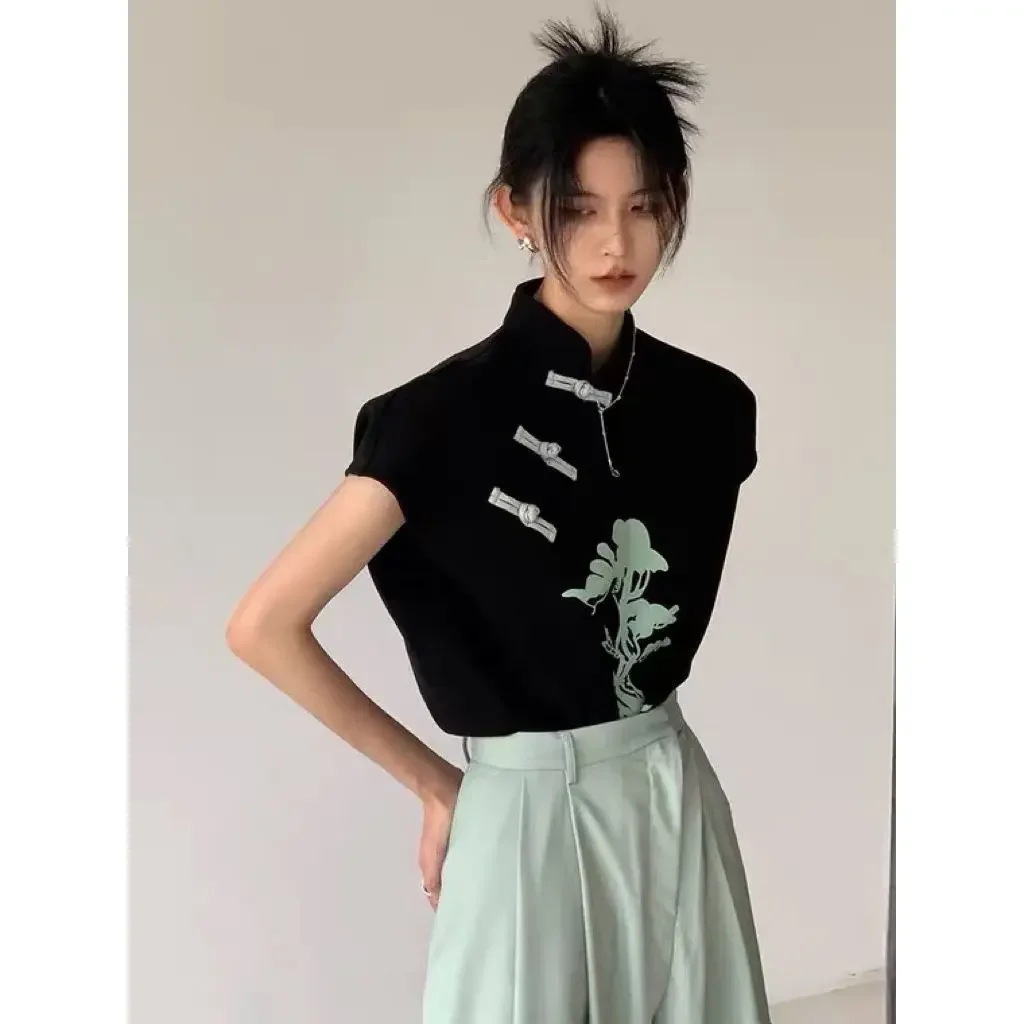 

Summer Gothic Style Stand Collar Handmade Button Printed Sleeveless Tang Suit Vest Women Chinese Cheongsam Tops Modern Qipao