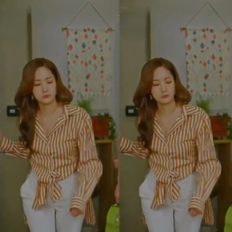 

Kpop Korean Drama Park Min Young Striped Turn-down Collar Slit Shirts Women Fashion Long Sleeve Cardigan Blouse Lady Cotton Tops