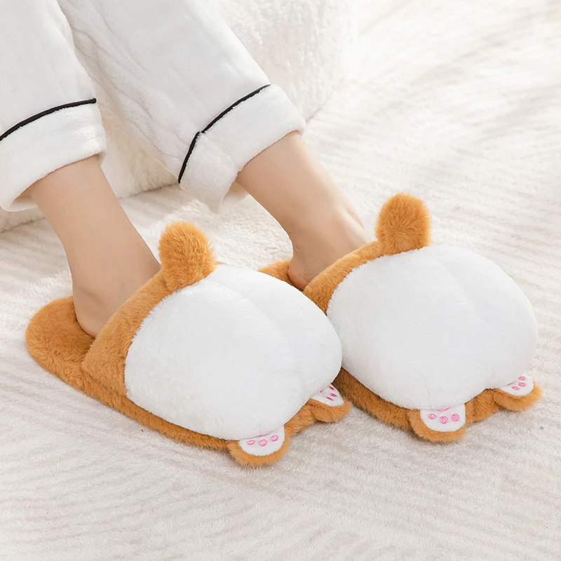 Plush Slippers Autumn and Winter Cotton Slippers Plush Warm Indoor Women Cute Corgi Hip Cotton Women