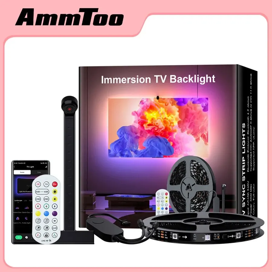 Ammtoo RF 리모컨 및 블루투스 APPTV 동기 색상 선택 RGB 일루션 TV 조명, 픽업 LED 조명 포함, 3.8 계량기