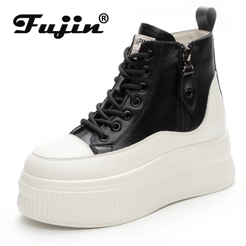 

Fujin 7cm Cow Genuine Leather Platform Wedge Chunky Sneakers Spring Autumn Ankle Boots Lady Booties Mixed Color Women ZIP Shoes