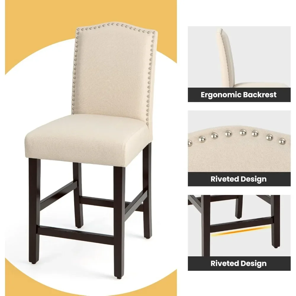 Bar Stools, Linen Upholstered Counter Height Chairs with Solid Rubber Wood Legs, 25&rdquo; Kitchen Island Wood Bar Chairs