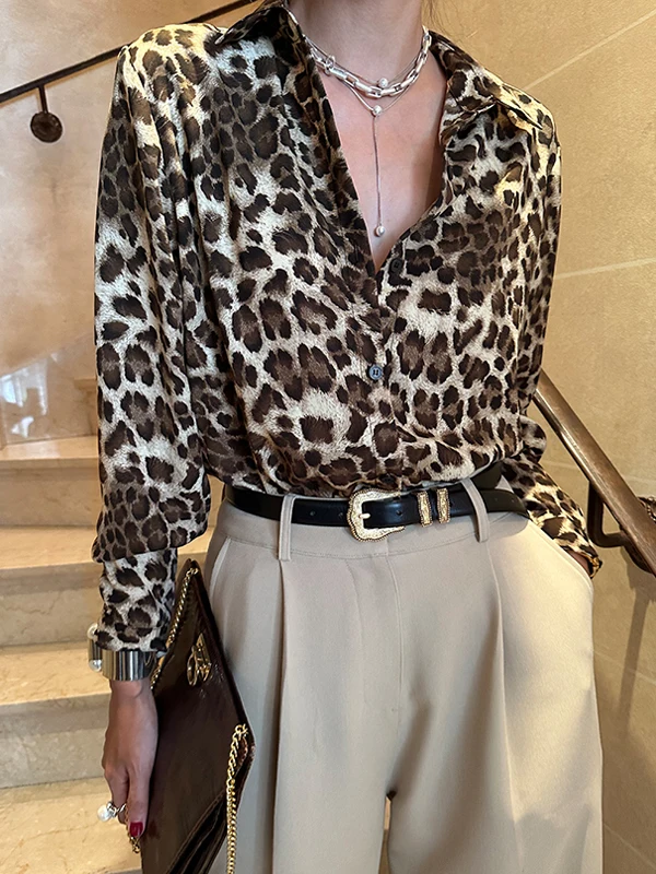 Vintage Elegant Korean Fashion Lady Blouse Leopard Printing Long Sleeves Loose Design
