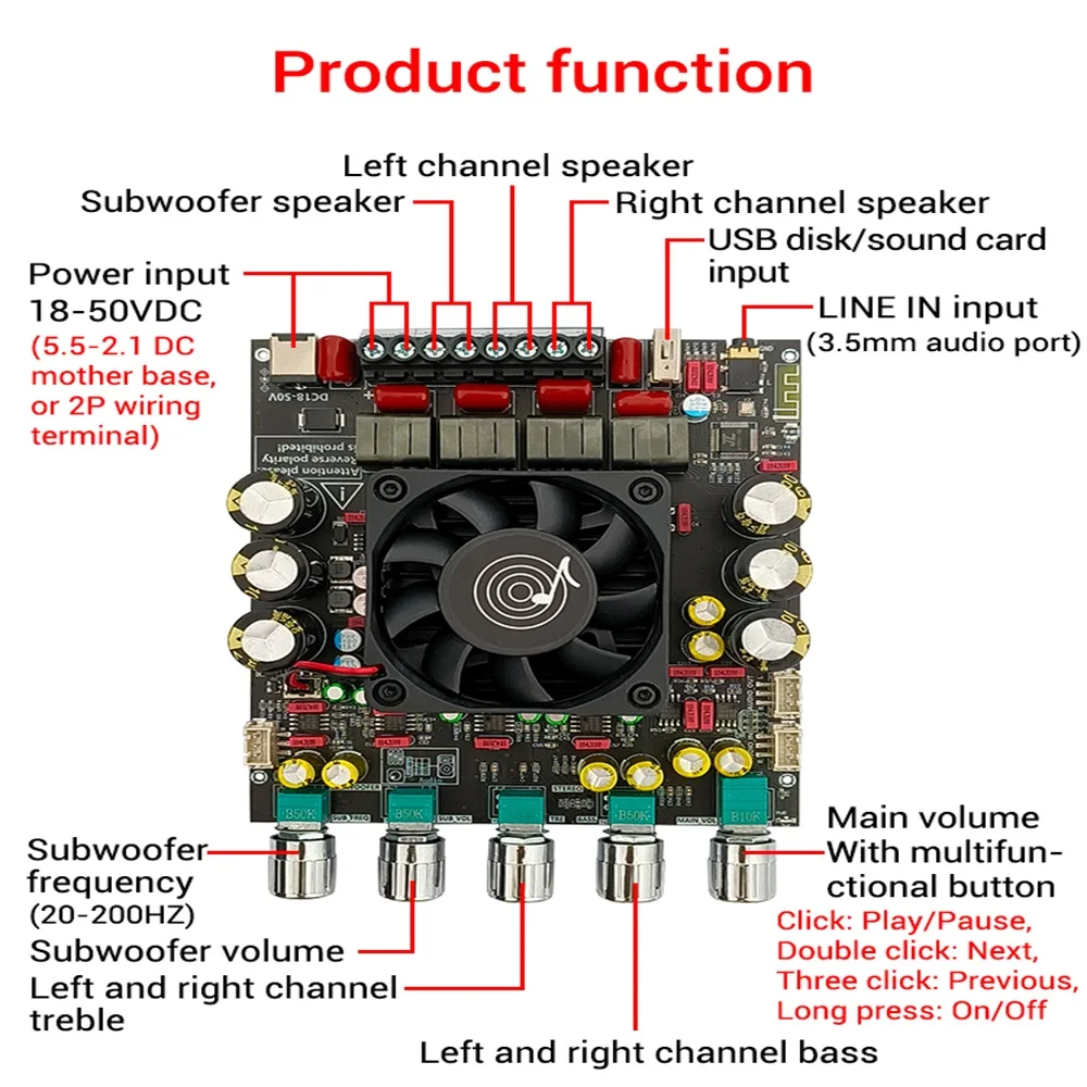 고전력 2.1 채널 전력 증폭기 모듈, 300W + 300W + 600W, 2 * TPA3255 전력 증폭기 칩, 6 * JRC2068 Op Amp 칩