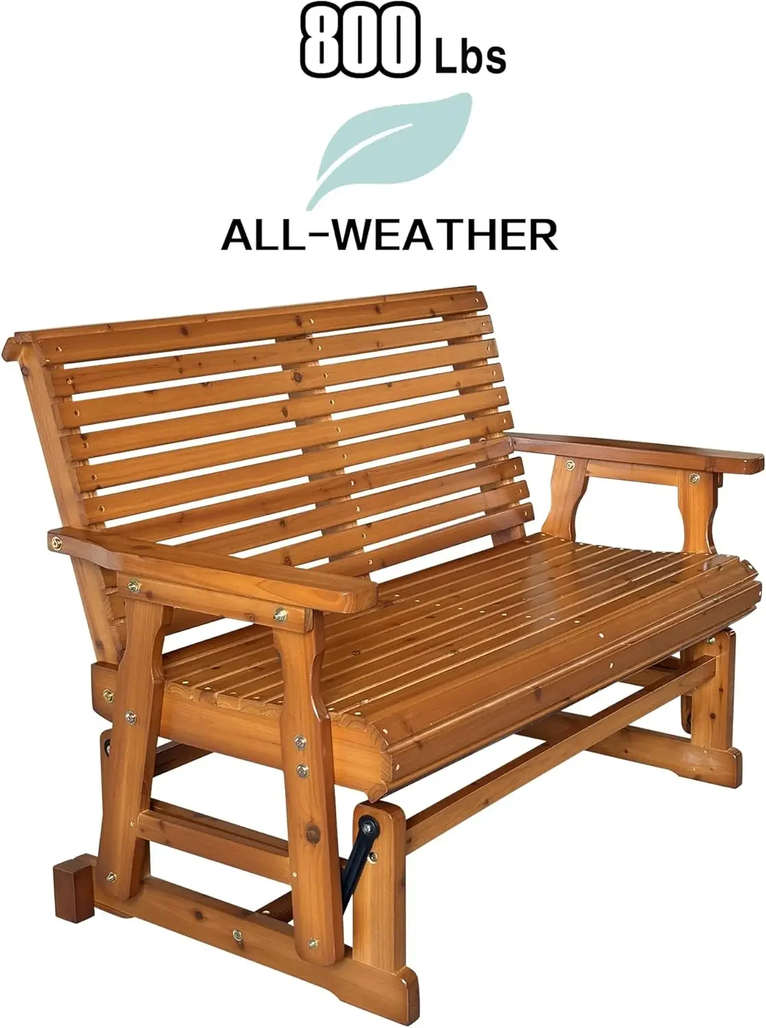 NEW-Fortune Candy Wooden Patio Glider with High Roll Back and Deep Contoured Seat, Solid Fir Wood, 2-Seater, Heavy Duty 800 LBS