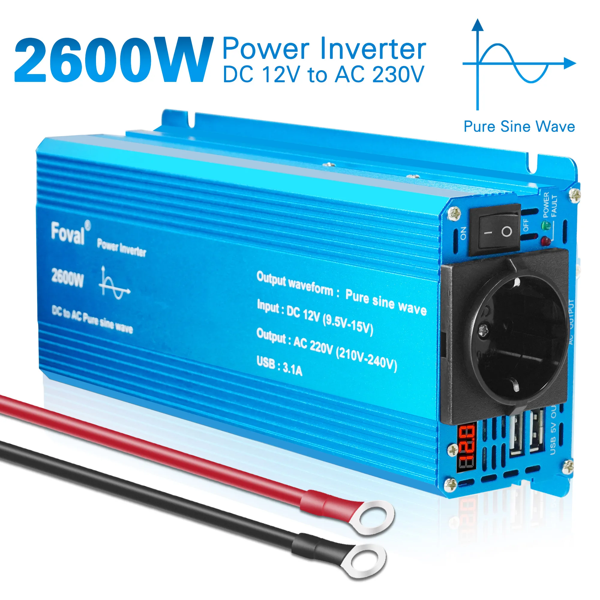 Car Inverter Adapter 1500W/2200W/2600W/3000W DC 12V TO AC 220V with 3.1A Dual USB Pure Sine Wave EU Socket