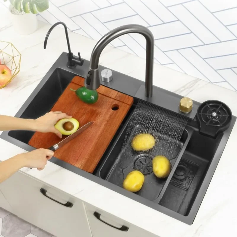 Black Waterfall Kitchen Sink, Drop in Single Bowl Stainless Steel Bar Sink with Cup Washer Sinks 2