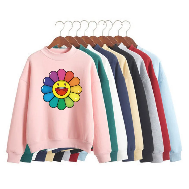 

Sunflower smile graphic Print Women Sweatshirt Sweet Korean O-neck Knitted Pullover Thick Autumn Candy Color Lady Clothing