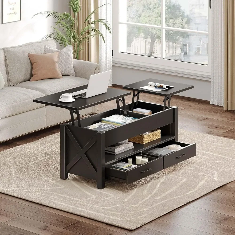 47.2-inch pop-up coffee table with 2 storage drawers and hidden compartments, vintage center table