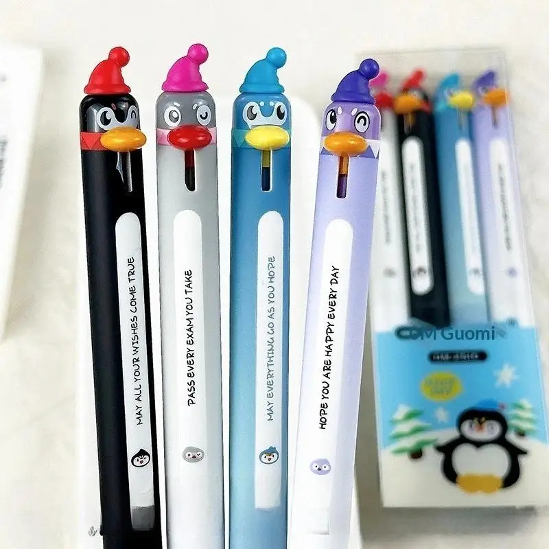 새로운 4Pcs 0.5mm 블랙 파인 포인트 개폐식 빠른 건조 부드러운 쓰기 펜 크리 에이 티브 펭귄 디자인 젤 펜 편지지